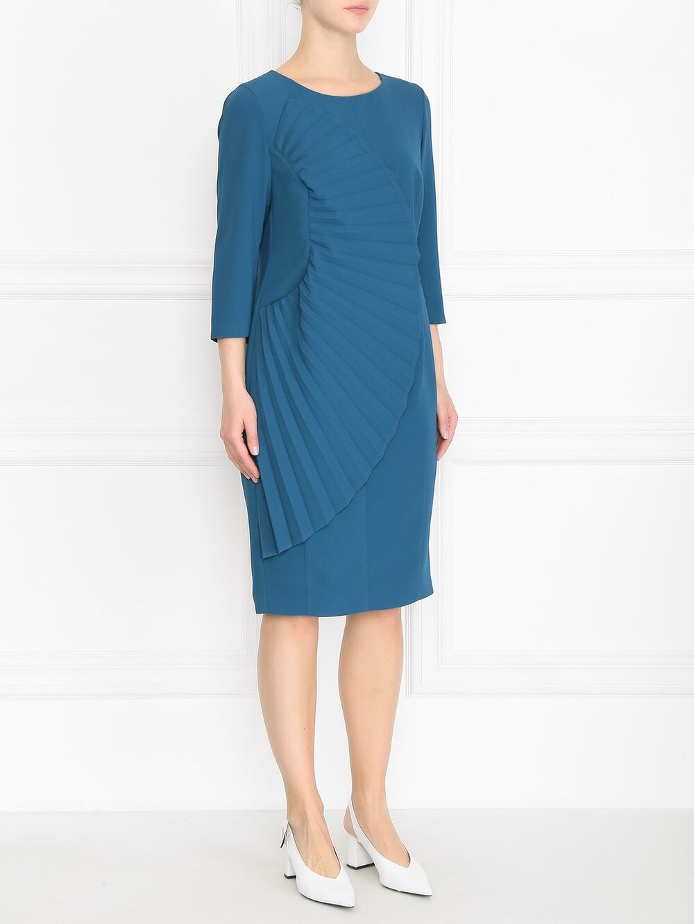 NWT Marina Rinaldi Blue Dizione Pleated Midi Dress Plus 24 Event Luxury Travel